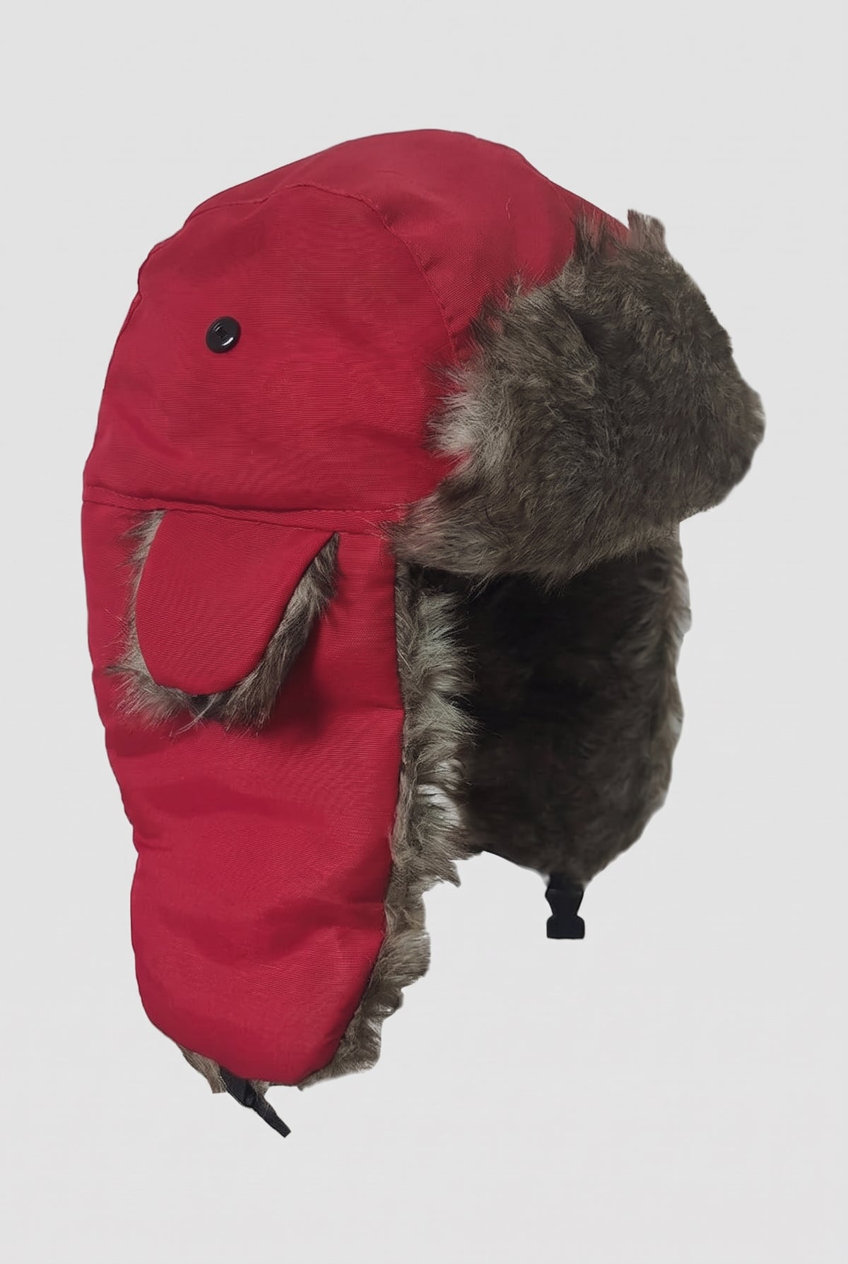 Faux Fur Lined Trapper Hat in Red — studio front