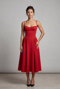 Red Floral Corset Bodice Midi Dress with Spaghetti Straps - Photo 11