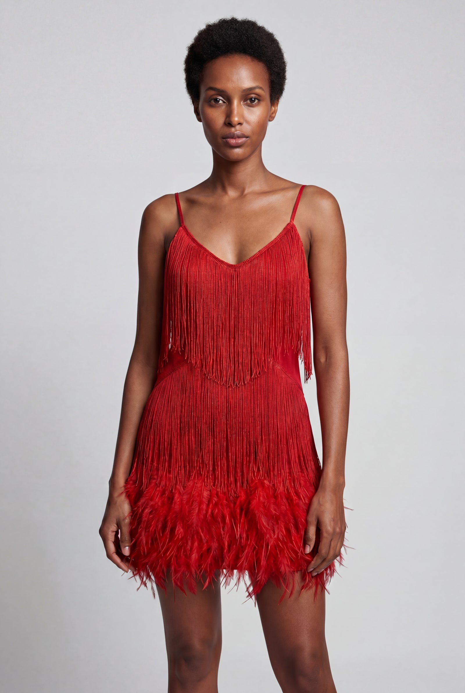 Red Fringe Feather-trim Mini Cocktail Dress - Mini dress - Photo 5