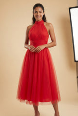 Red Gathered Halter Neck Midi Dress with Fitted Waist - Wedding guest dress - Photo 1