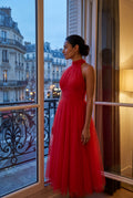 Red Gathered Halter Neck Midi Dress with Fitted Waist - Wedding guest dress - Photo 4