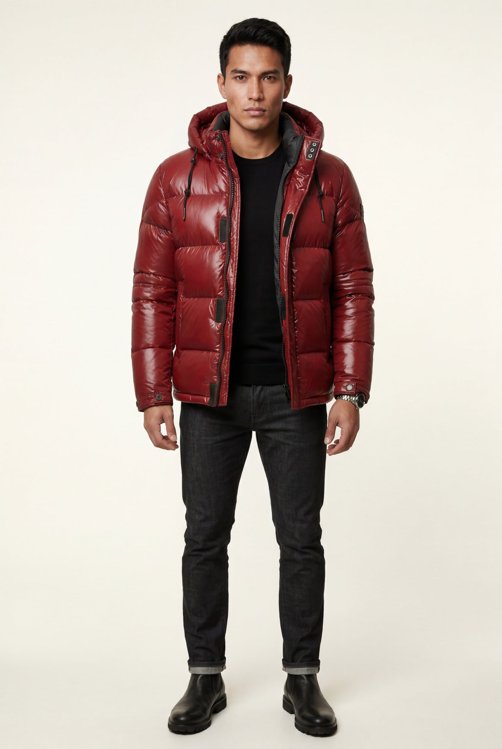 Red Glossy Boxy Puffer Hooded Jacket with Insulated Hood - Hooded jackets - Photo 3