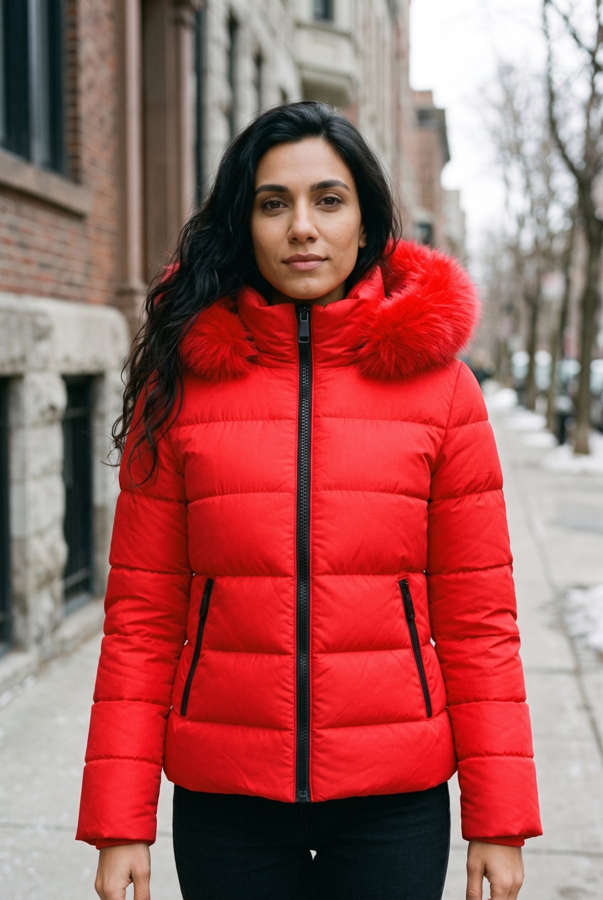 Hooded Faux-Fur Puffer Jacket in Red — studio front