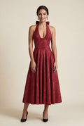 Red Jacquard Halter Corset Bodice A-line Midi Dress - A-line dress - Photo 2