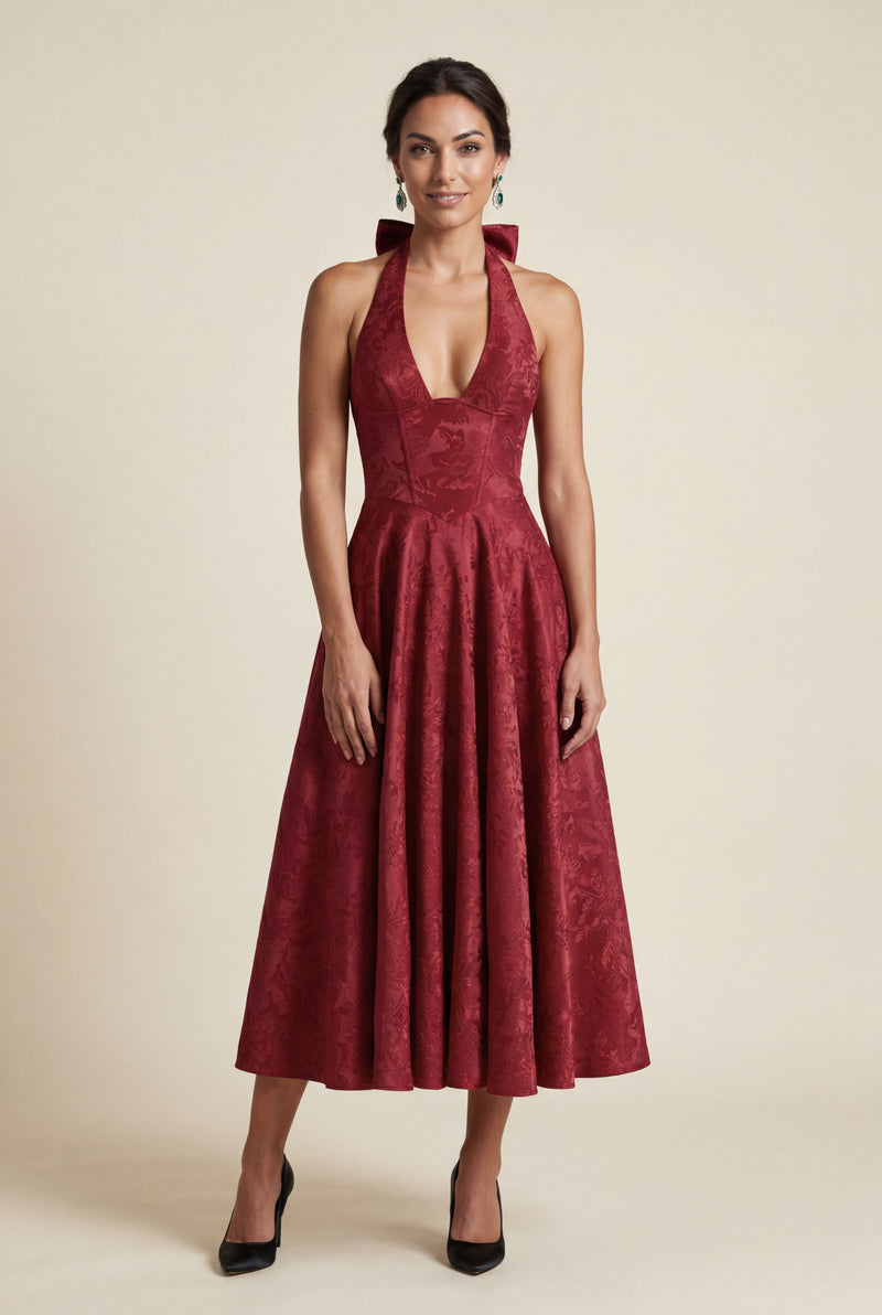 Red Jacquard Halter Corset Bodice A-line Midi Dress - A-line dress - Photo 2