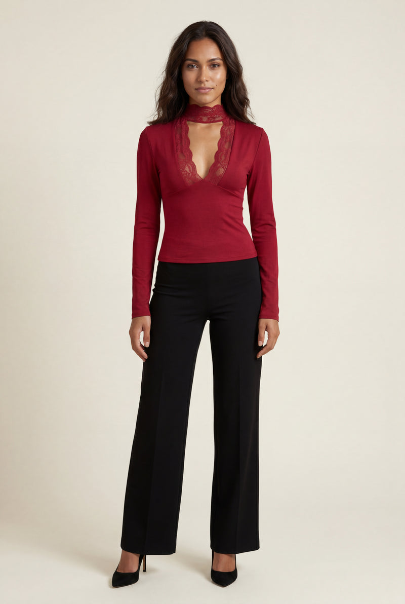 Red Lace-trim Deep V-neck Fitted Long Sleeve Top - Fitted tops - Photo 1