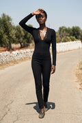 Black Lace-trim Deep V-neck Fitted Long Sleeve Top - Fitted tops - Photo 5