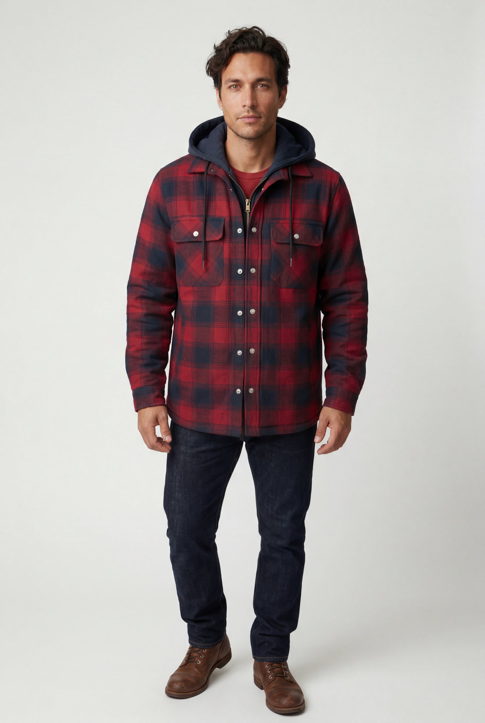 Red Large Check Pattern Hooded Flannel Jacket - Hooded jackets - Photo 7