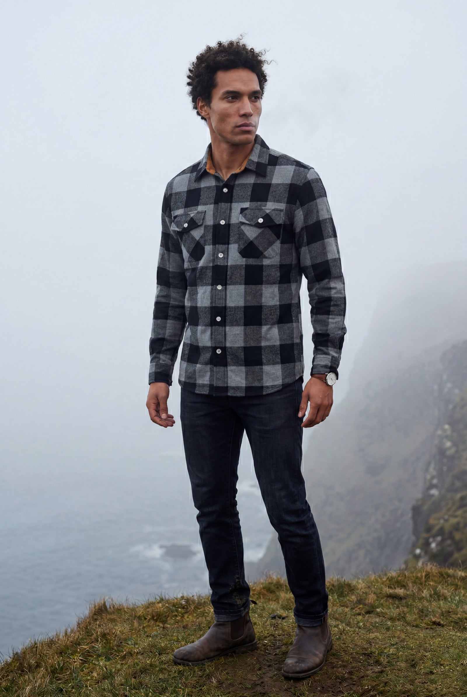 Dark Gray Large Check Plaid Long Sleeve Button Down Shirt - Casual shirts - Photo 14