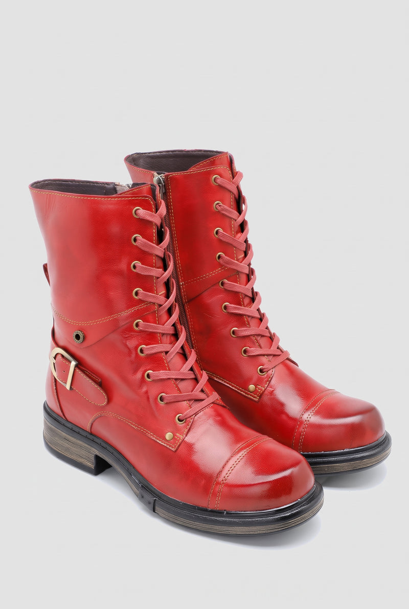 Leather Lace-Up Ankle Boot in Red — studio front