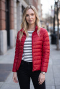 Lightweight Quilted Puffer Jacket in Red — studio front