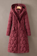 Longline Hooded Puffer Coat in Red — studio front