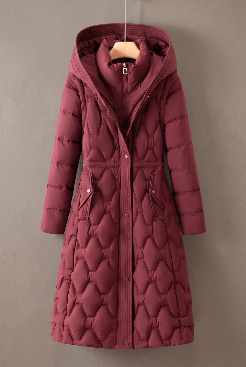 Longline Hooded Puffer Coat in Red — studio front