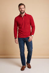 Men Polo Shirt Long Sleeve Slim Fit in Red — studio front