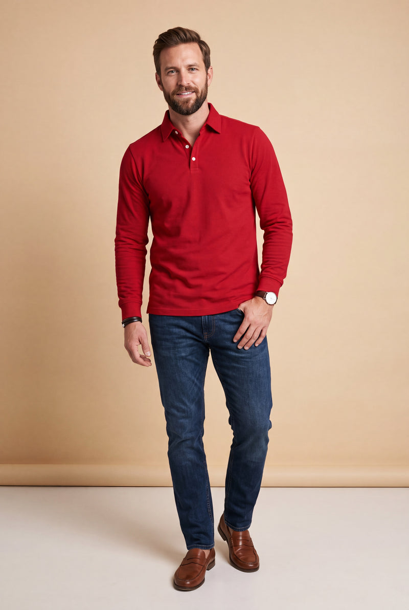 Men Polo Shirt Long Sleeve Slim Fit in Red — studio front