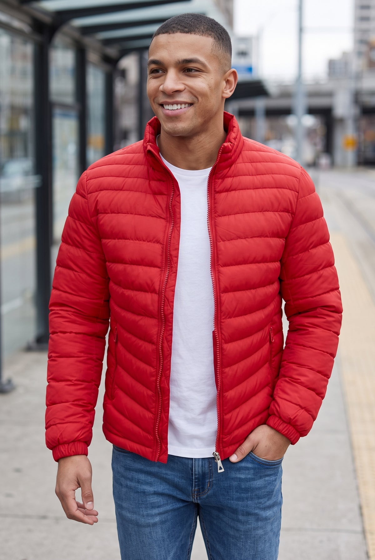 Quilted Puffer Jacket in Red — lifestyle