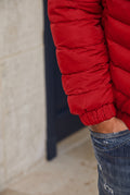 Quilted Puffer Jacket in Red — studio detail cuff