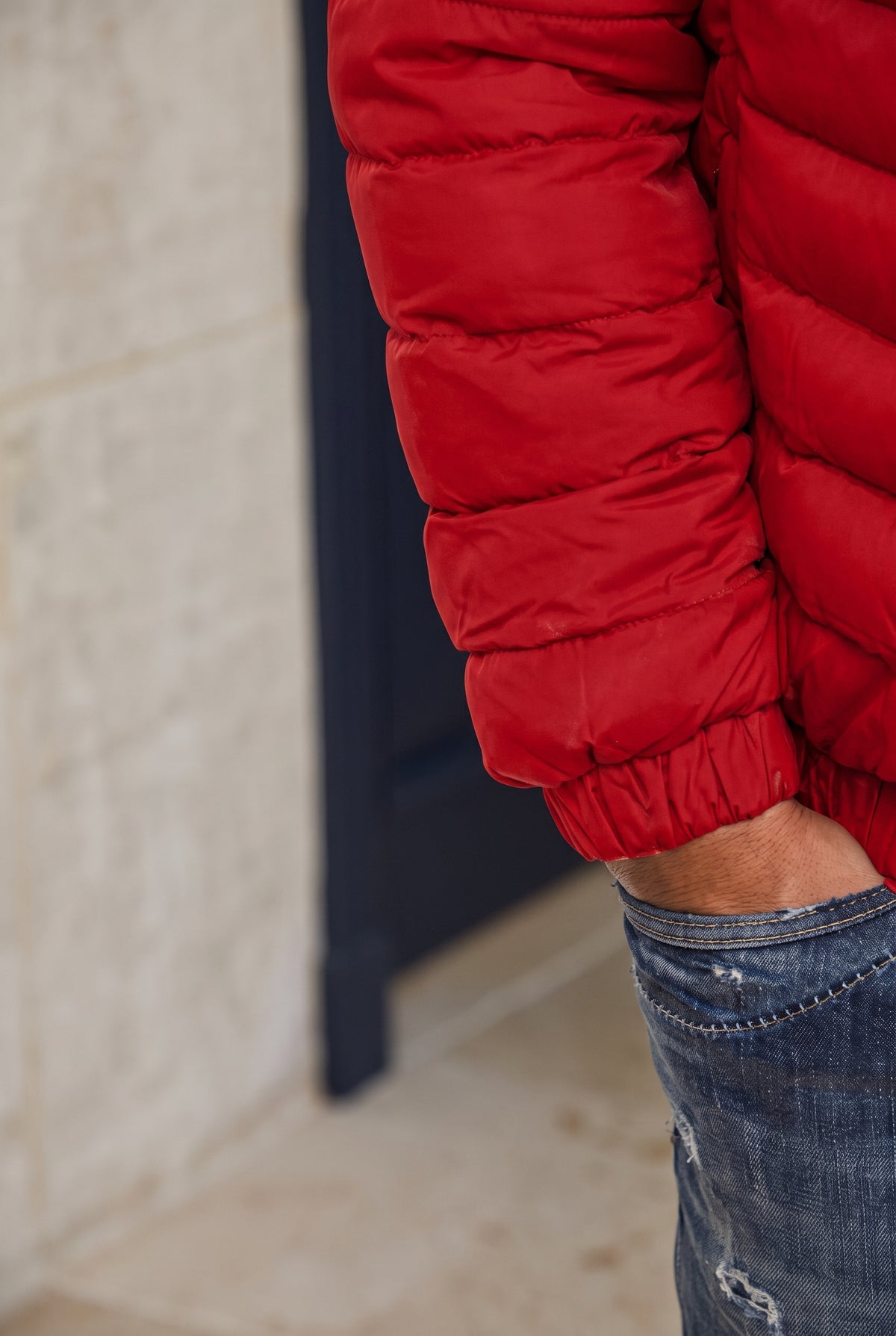 Quilted Puffer Jacket in Red — studio detail cuff