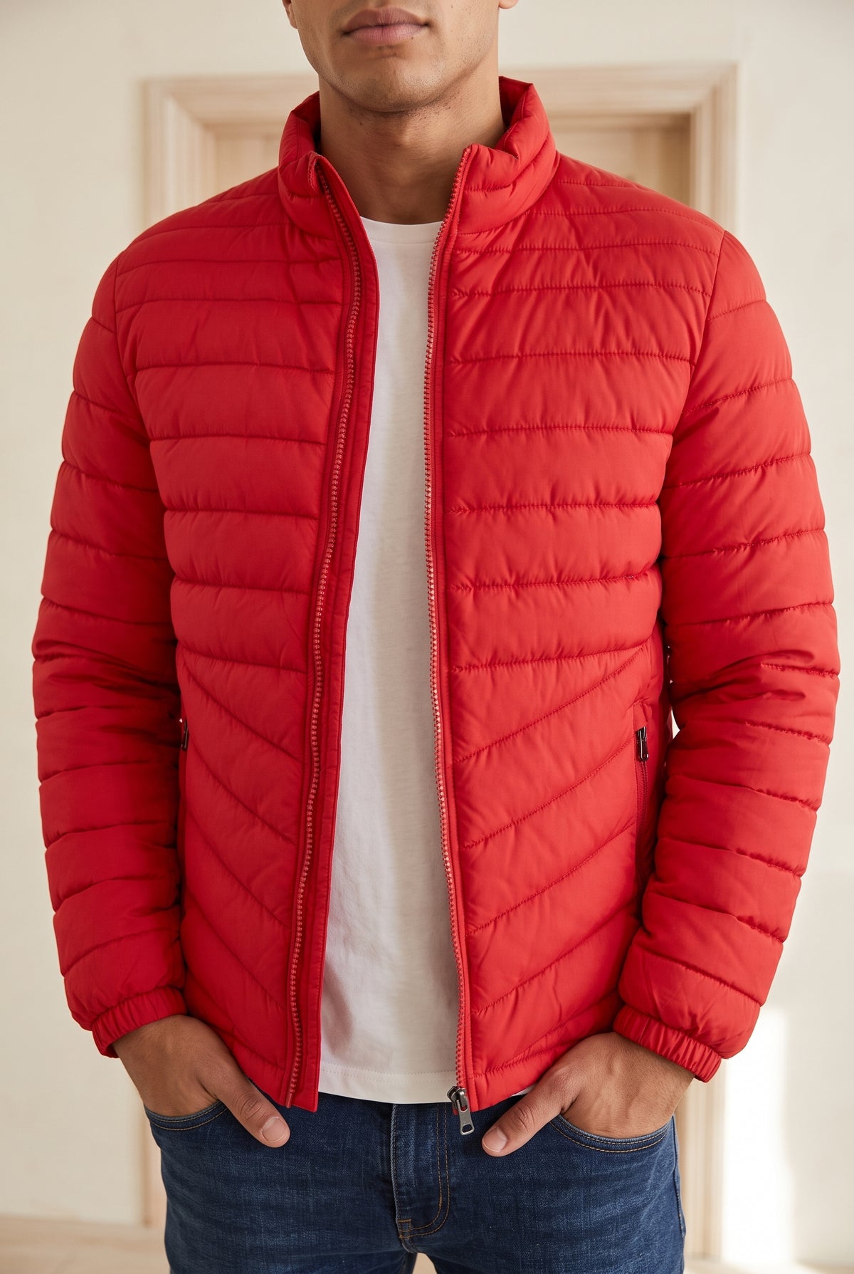 Quilted Puffer Jacket in Red — studio front
