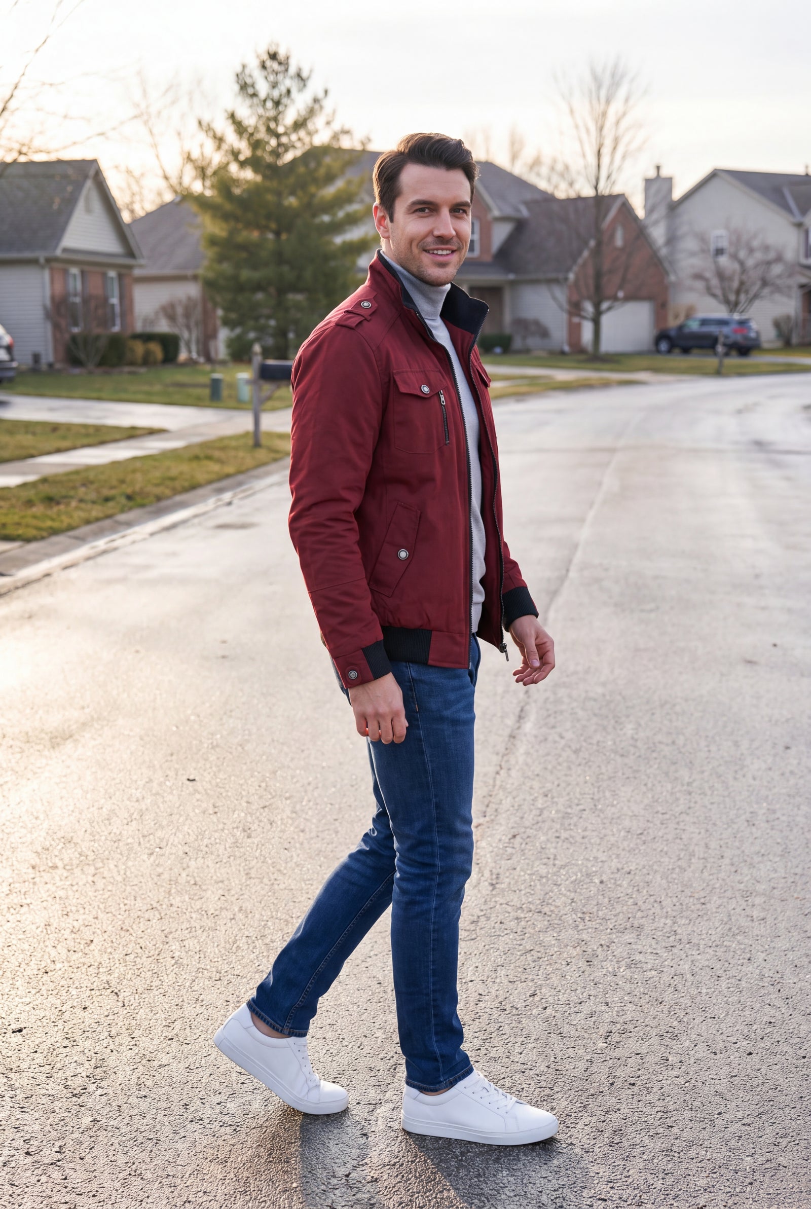 Men's Bomber Jacket Classic Fit in Red — ugc shot