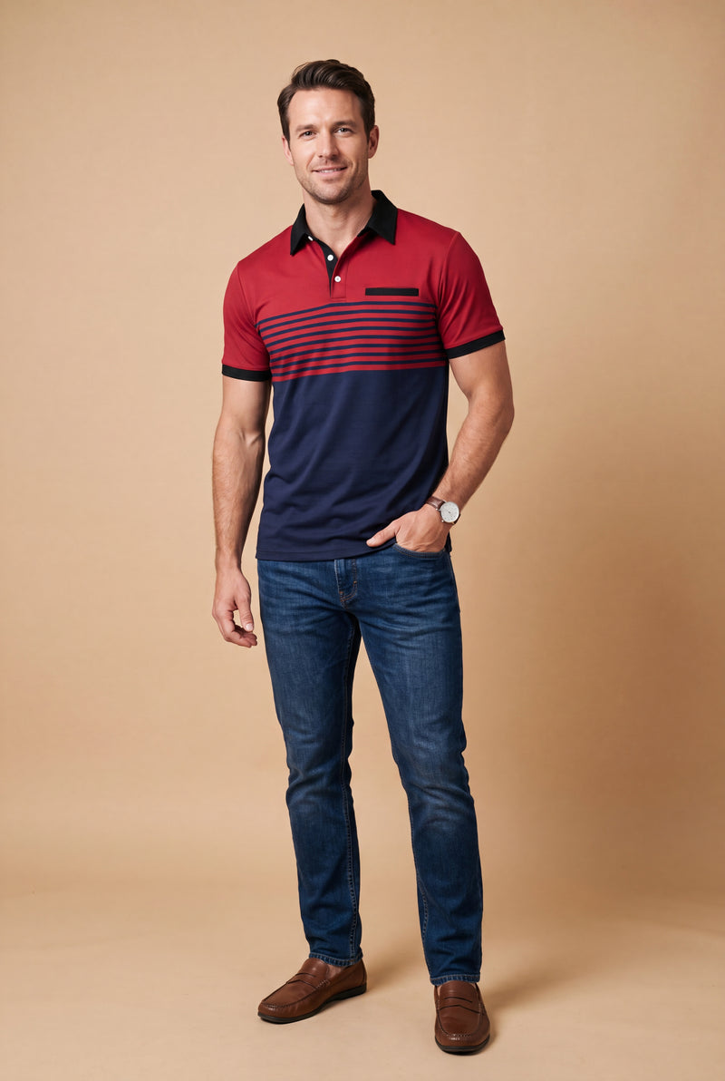 Men's Polo Shirt Striped Short Sleeve in Red — studio front