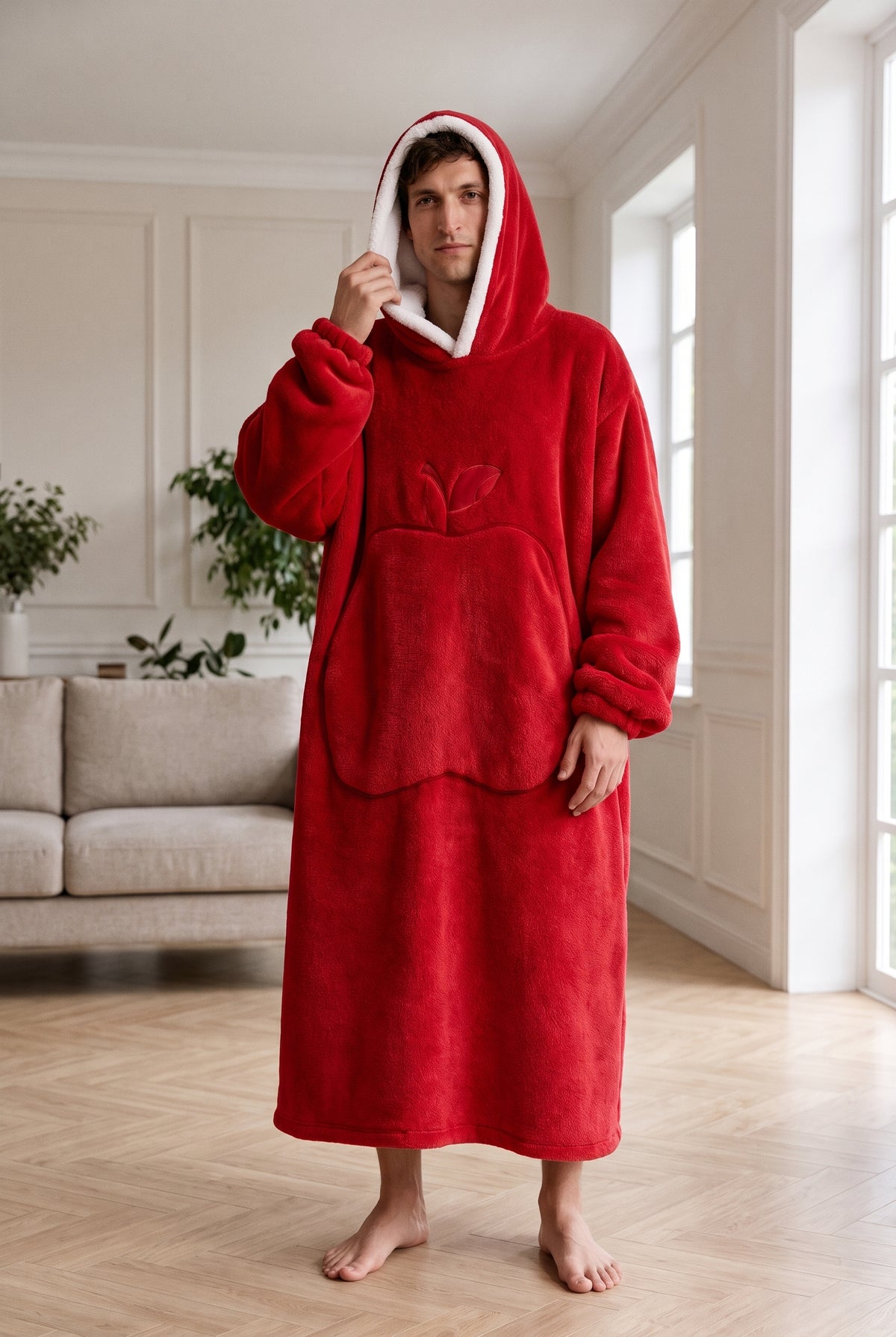 Oversized Plush Blanket Hoodie in Red — studio front