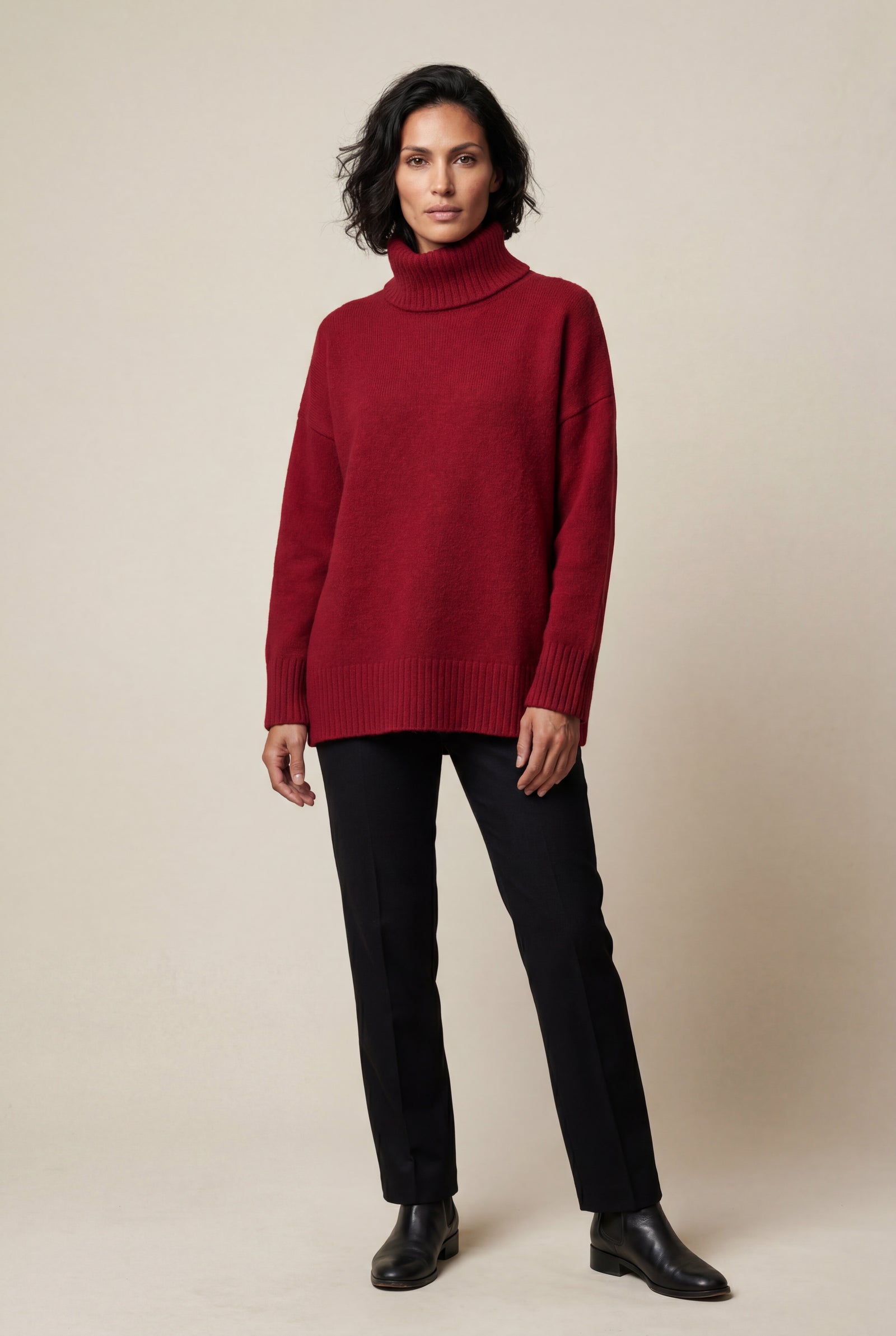 Red Oversized Ribbed Turtleneck Sweater with High-low Hem - Photo 5