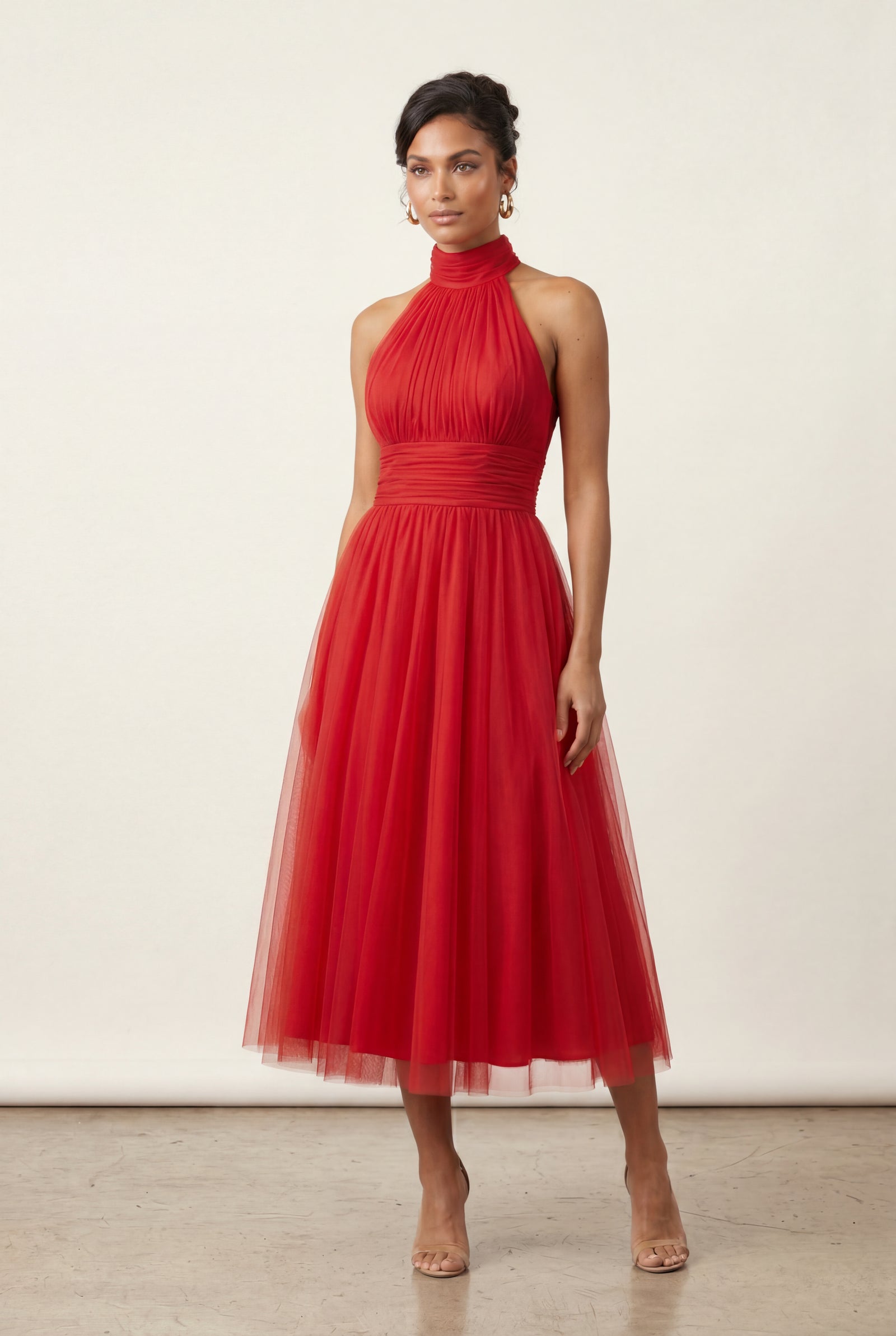 Red Pleated Halter Neck Midi Dress with Open Back Detail - Halter neck dress - Photo 14