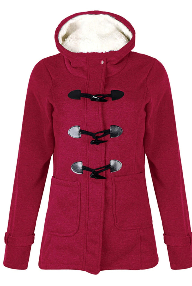 Plush-Lined Hood Duffle Coat in Red — front view