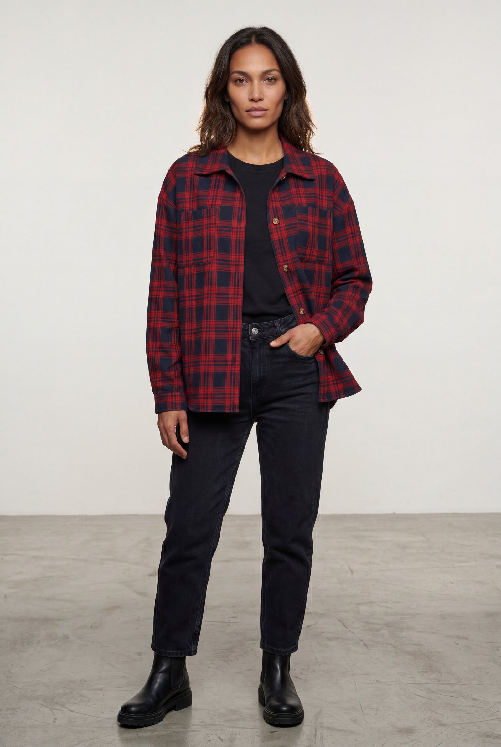 Red Relaxed Fit Checked Long Sleeve Shirt with Classic Collar - Checked shirts - Photo 27