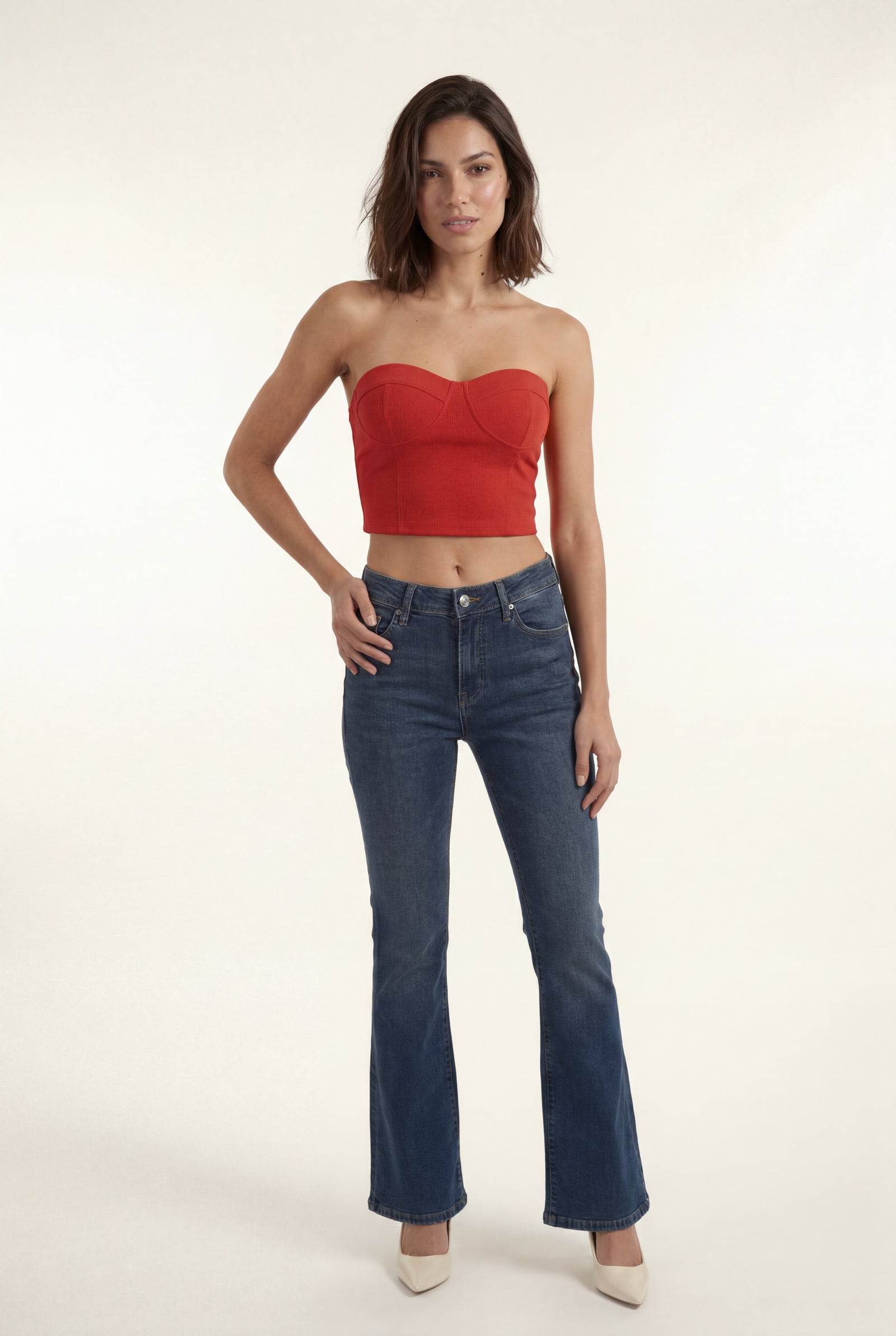 Red Ribbed Bustier Strapless Crop Top with Cup Seaming - Strapless crop tops - Photo 26