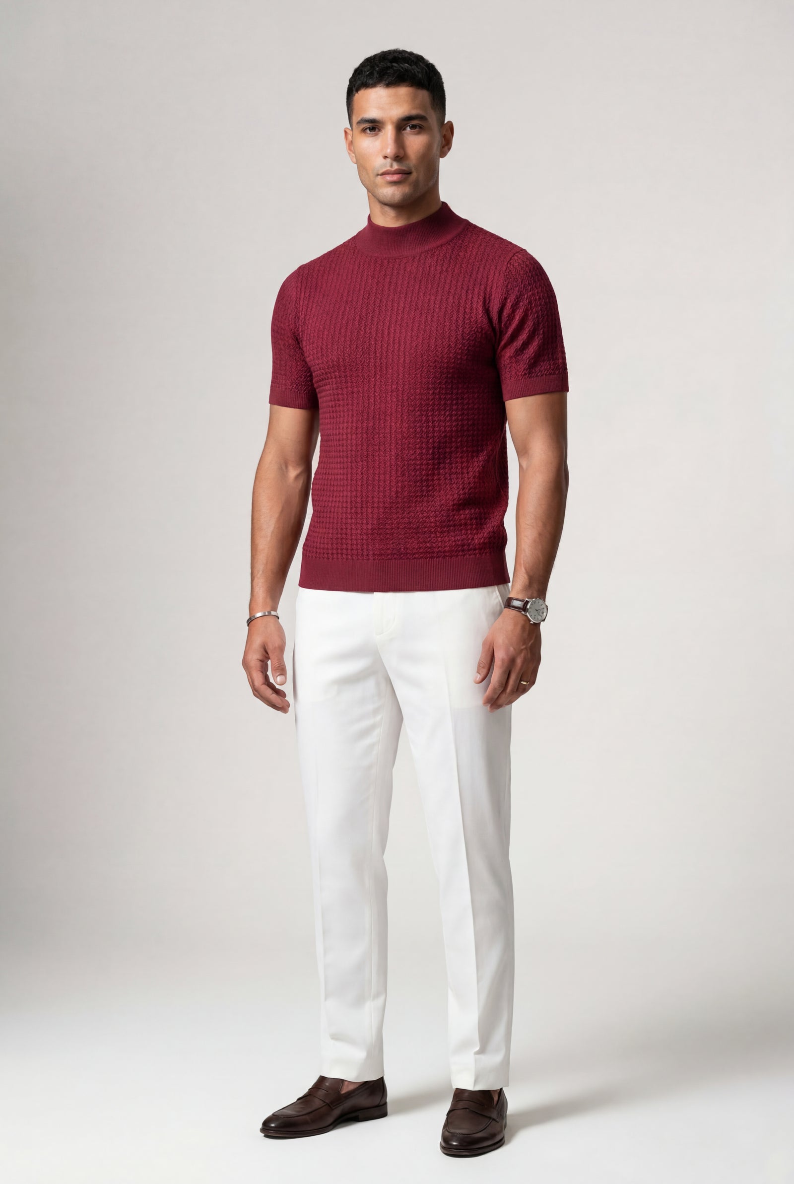 Red Ribbed Mock Neck Short Sleeve Sweater Shirt - Short sleeve shirt - Photo 6