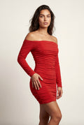 Red Ruched Off-shoulder Bodycon Mini Dress with Long Sleeves - Bodycon dress - Photo 22