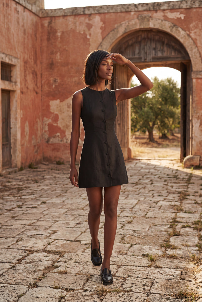 Black Sleeveless Button-front Fitted Mini Dress - Photo 2