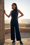 Navy Blue Sleeveless Mock Neck Wide Leg Jumpsuit - Photo 15