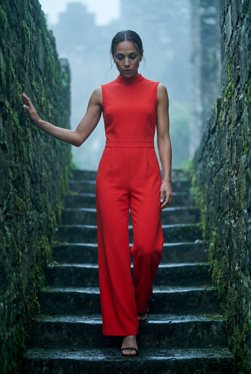 Red Sleeveless Mock Neck Wide Leg Jumpsuit - Photo 4