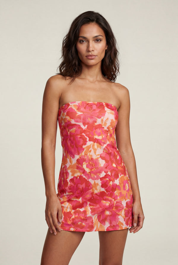 Red Strapless Floral Print Bodycon Mini Dress - Photo 1