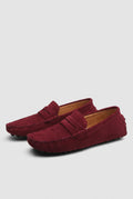 Suede Moccasin Loafers in Red — studio front