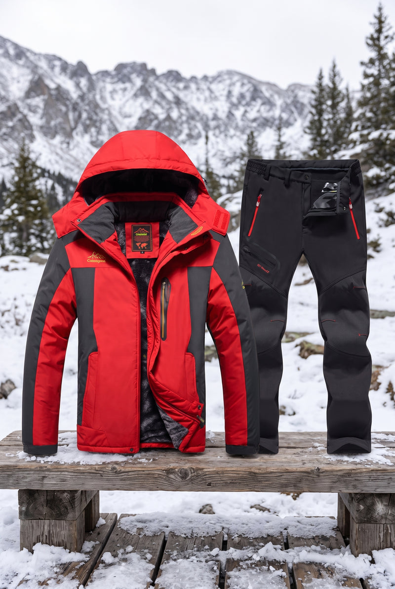 Technical Fabric Snow Suit in Red — studio front