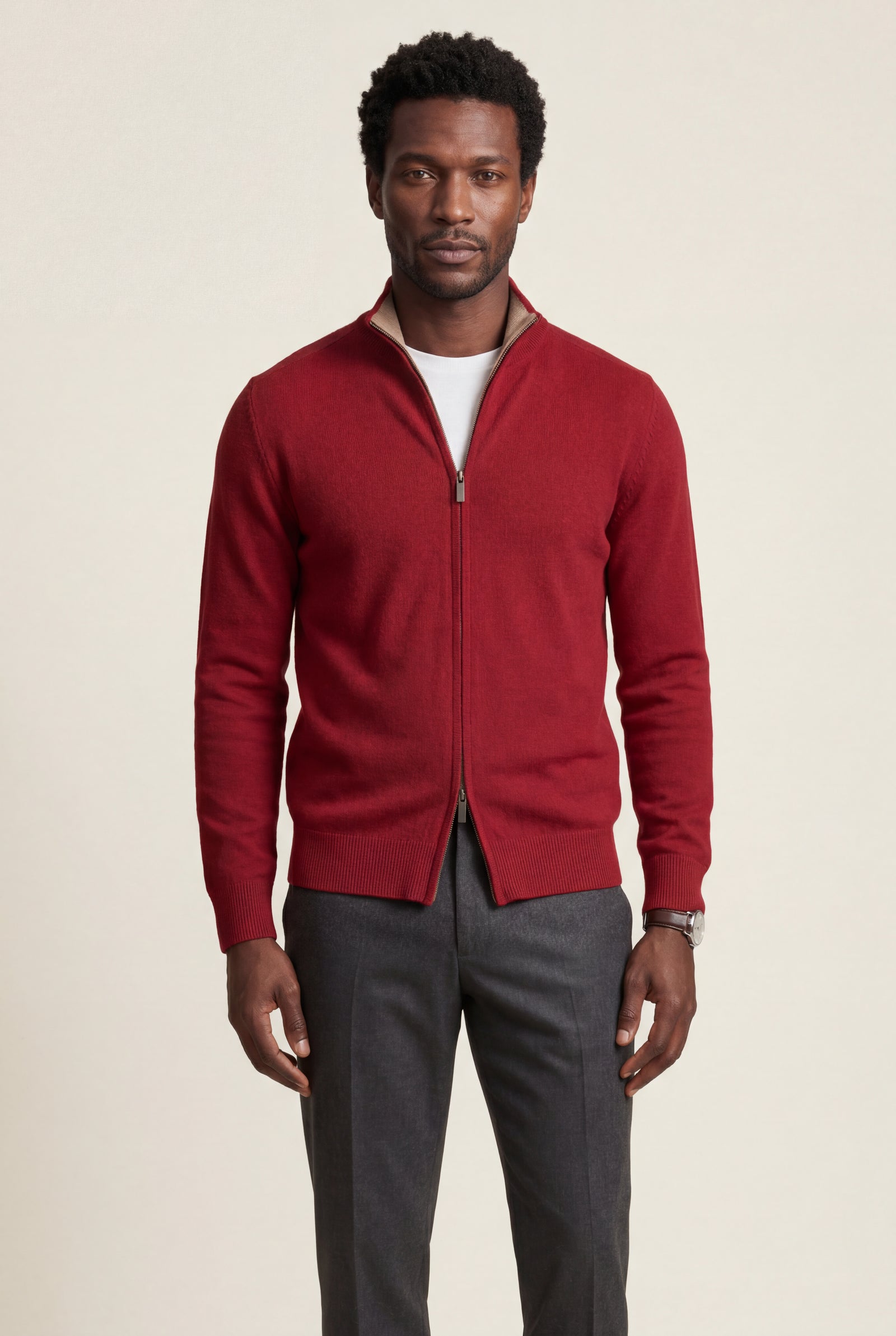 Red Textured Stand Collar Full Zip Knitted Cardigan - Photo 19