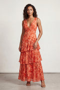 Red Tiered Floral Maxi Dress with Deep V-neckline - Photo 1