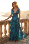 Turquoise Tiered Floral Maxi Dress with Deep V-neckline - Photo 13