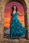 Turquoise Tiered Floral Maxi Dress with Deep V-neckline - Photo 15