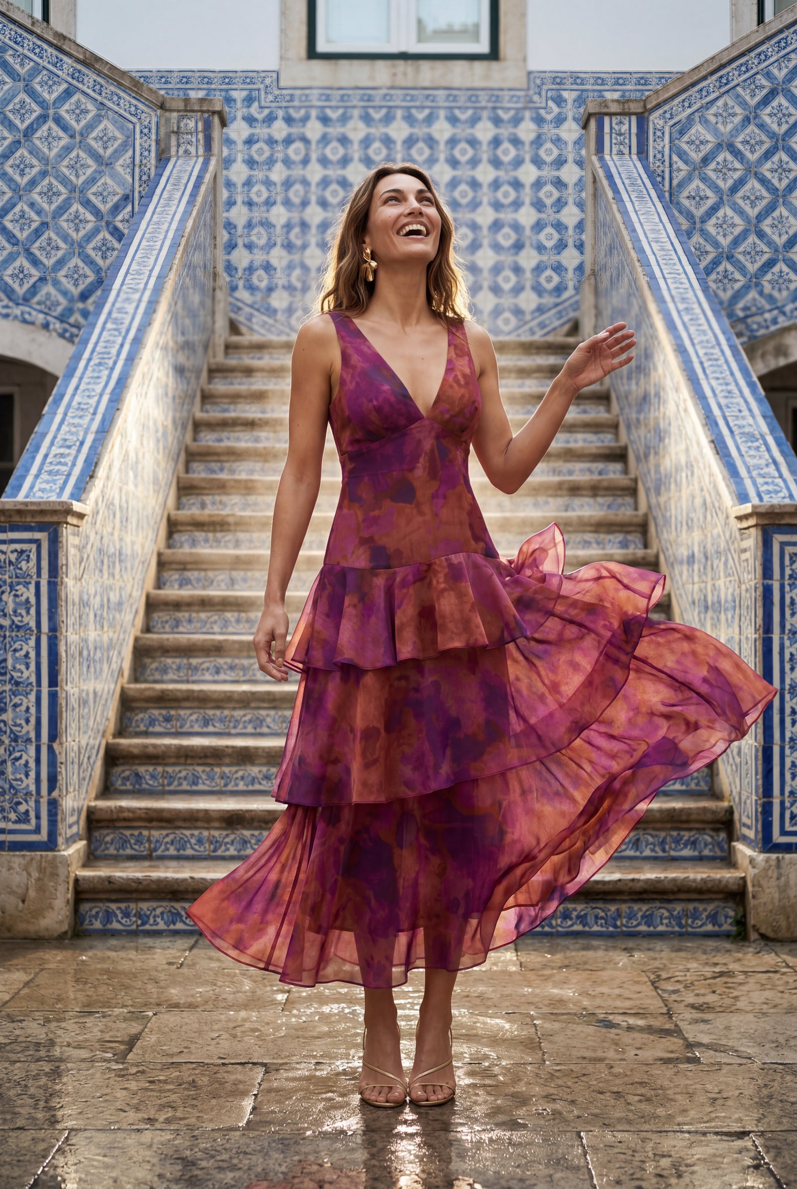 Red Tiered Floral Maxi Dress with Deep V-neckline - Photo 18