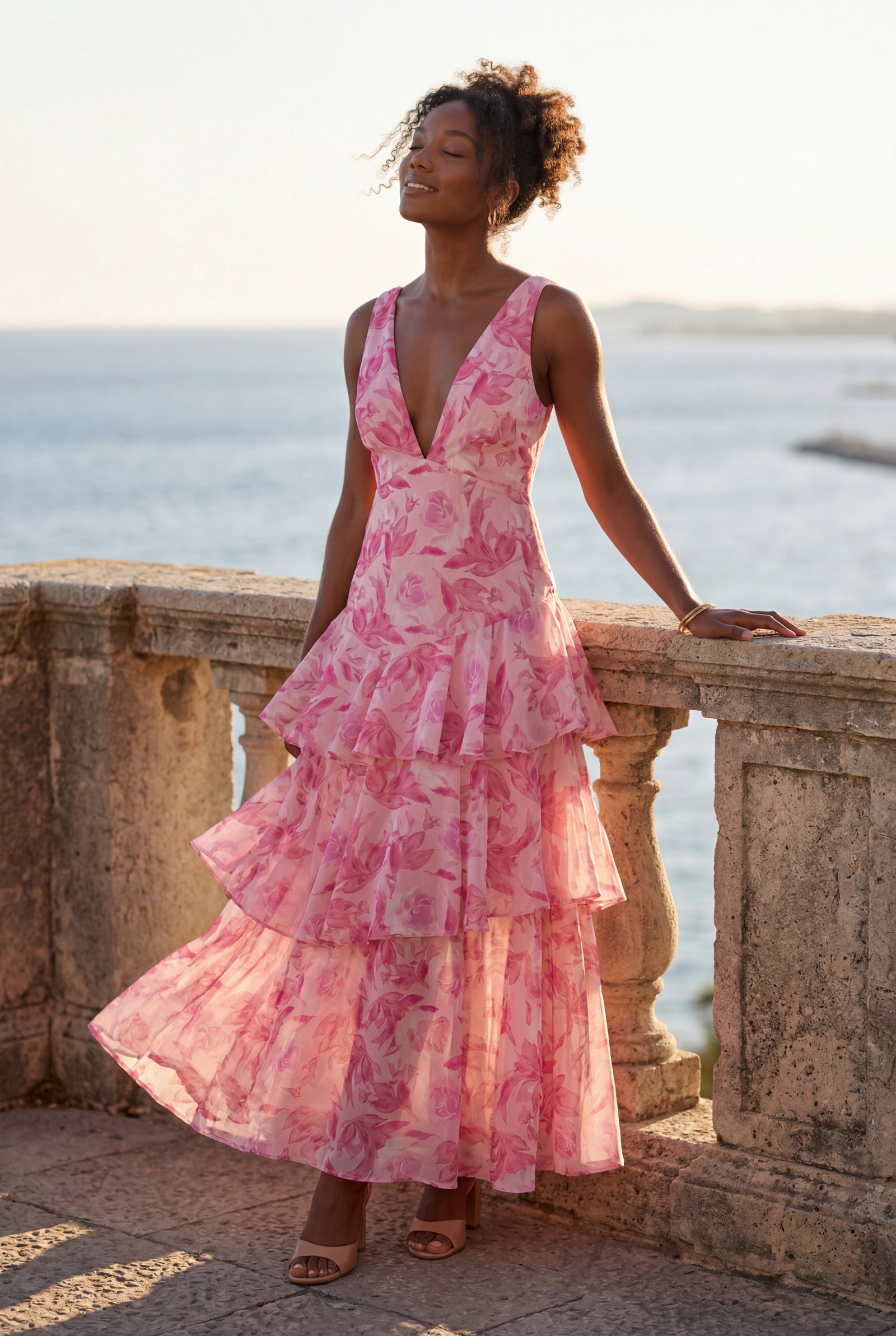 Pink Tiered Floral Maxi Dress with Deep V-neckline - Photo 19