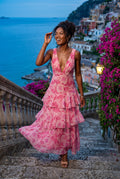 Pink Tiered Floral Maxi Dress with Deep V-neckline - Photo 20