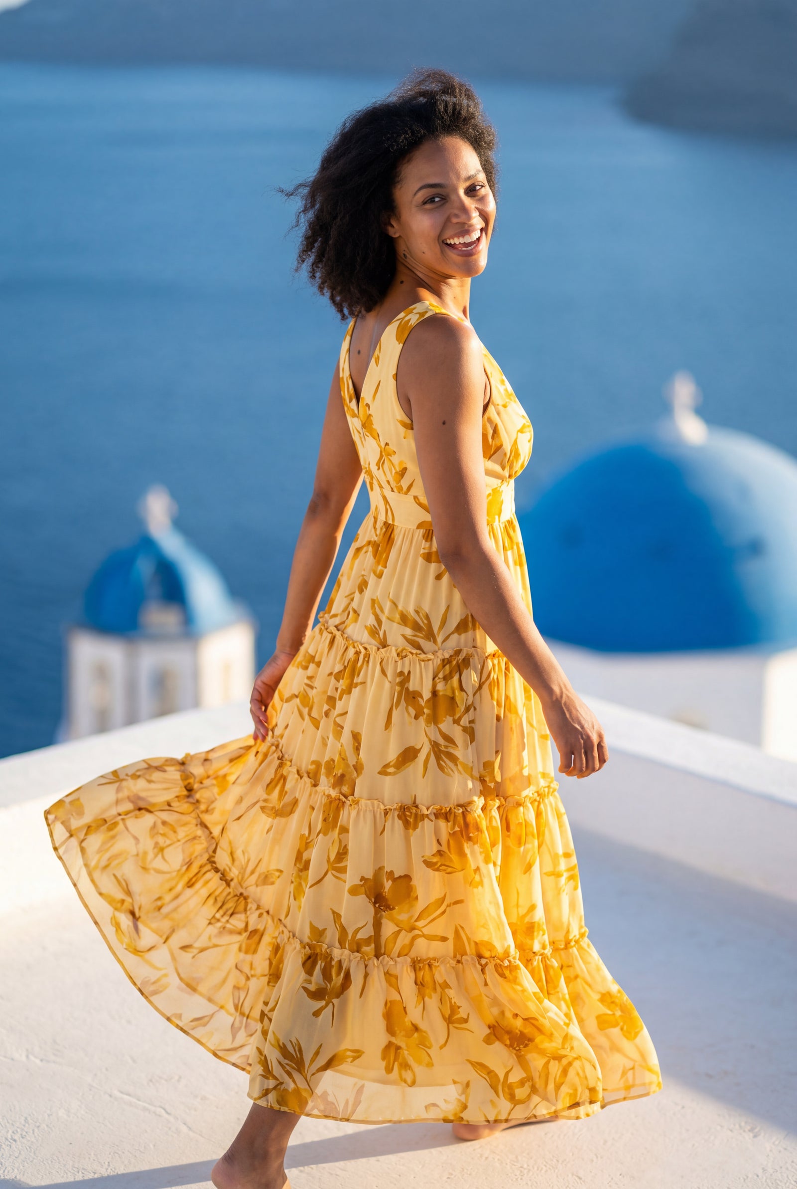 Yellow Tiered Floral Maxi Dress with Deep V-neckline - Photo 6