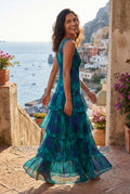 Turquoise Tiered Floral Maxi Dress with Deep V-neckline - Photo 8