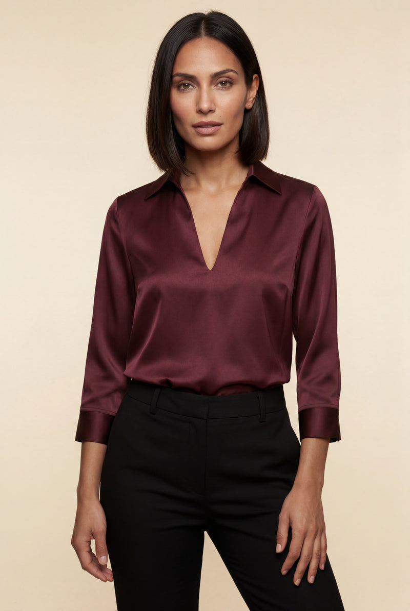 Red V-neck Relaxed-fit Blouse with Curved Hem - Blouses - Photo 3