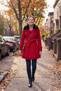Women's Coat Fur-Lined Elegant in Red — candid outdoor